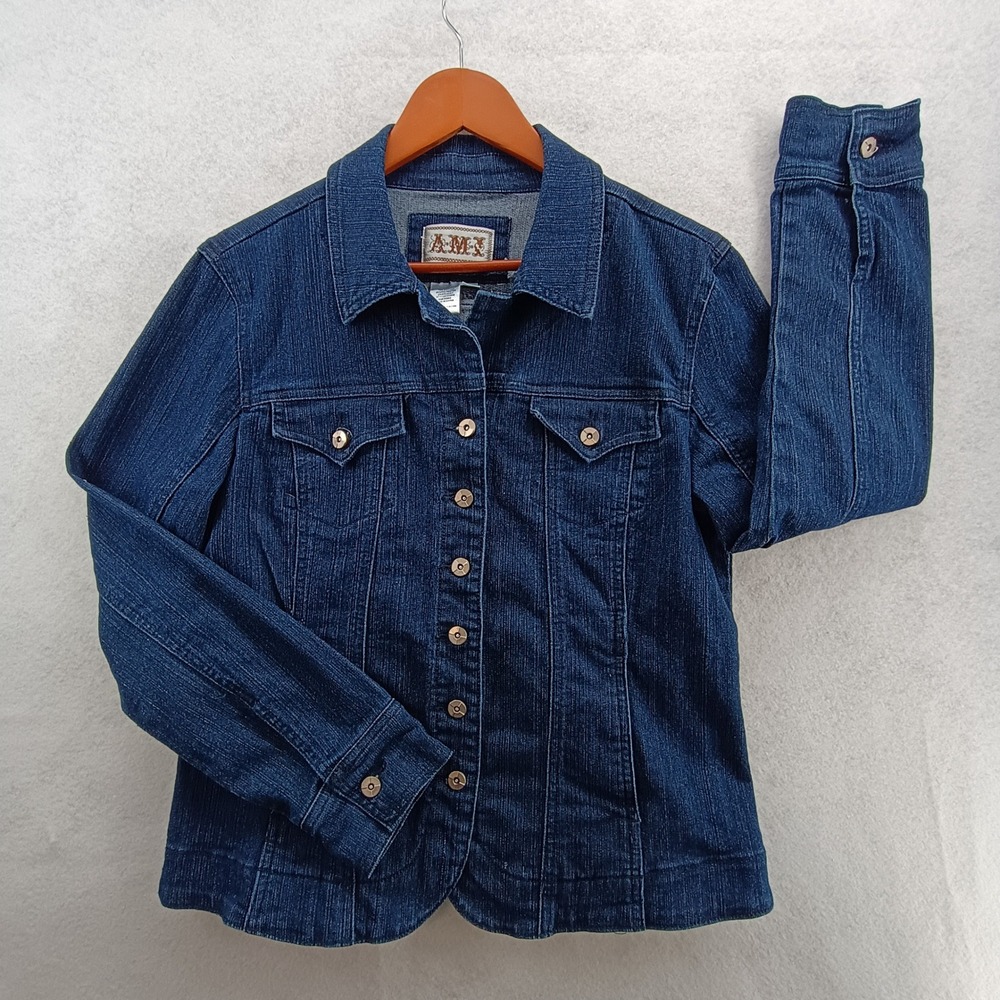 A.M.I. Denim Jacket Women M Blue Button Up Stretch Casual Classic Trucker